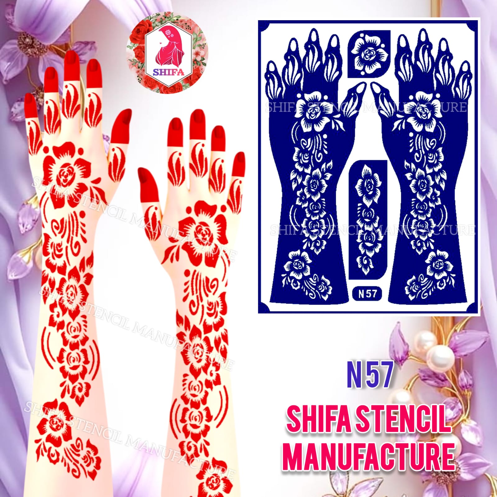 N57 Midnight Rose Path Sticker Overview Henna Stencil - Shifa Stencil